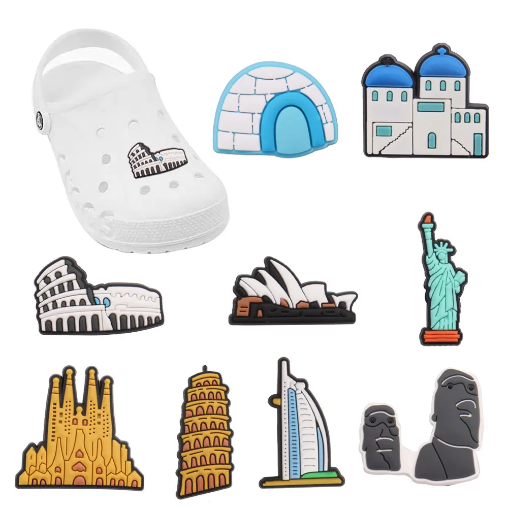 

New Arrival 1-9pcs Shoe Charms Famous Building Tower Castle Statue Accessories PVC Shoes Decorations For Wristbands Kids Gift