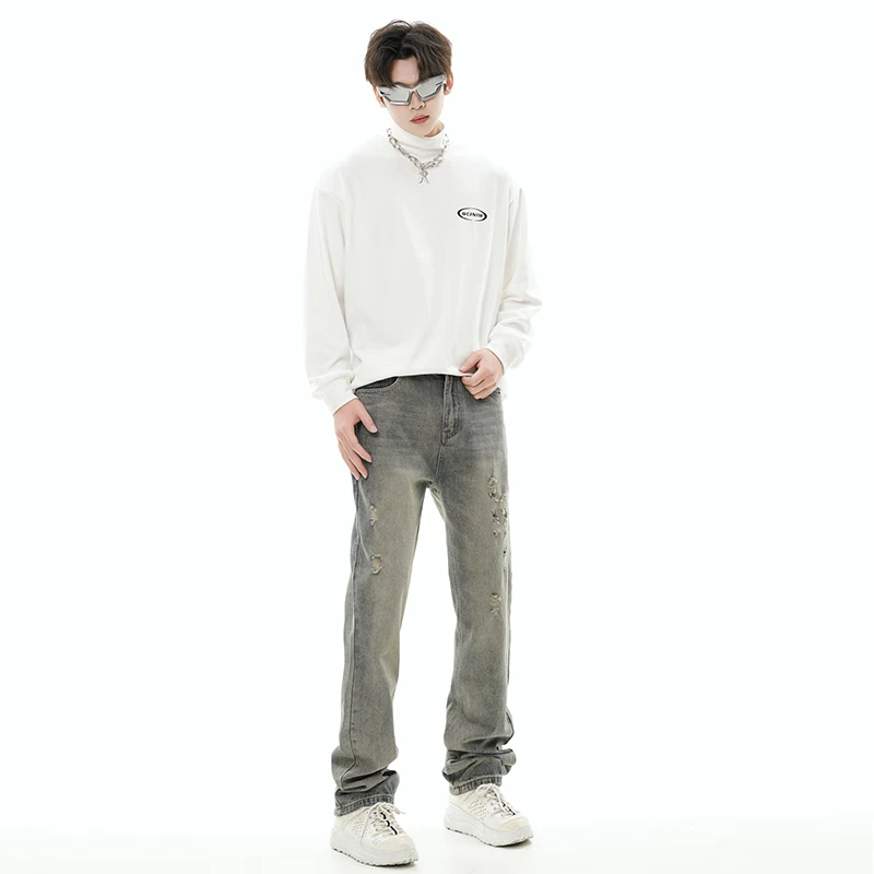 High Street Hip Hop Retro Ripped Jeans Men's Classic Distressed Trendy Korean Style Tall Loose Lengthened Pants