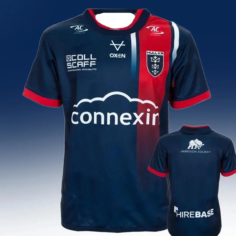 

2025Новое поступление, домашняя футболка для регби Hull KR, Англия, мужская повседневная быстросохнущая тренировочная футболка большого размера с короткими рукавами, детская спортивная футболка с v-образным вырезом