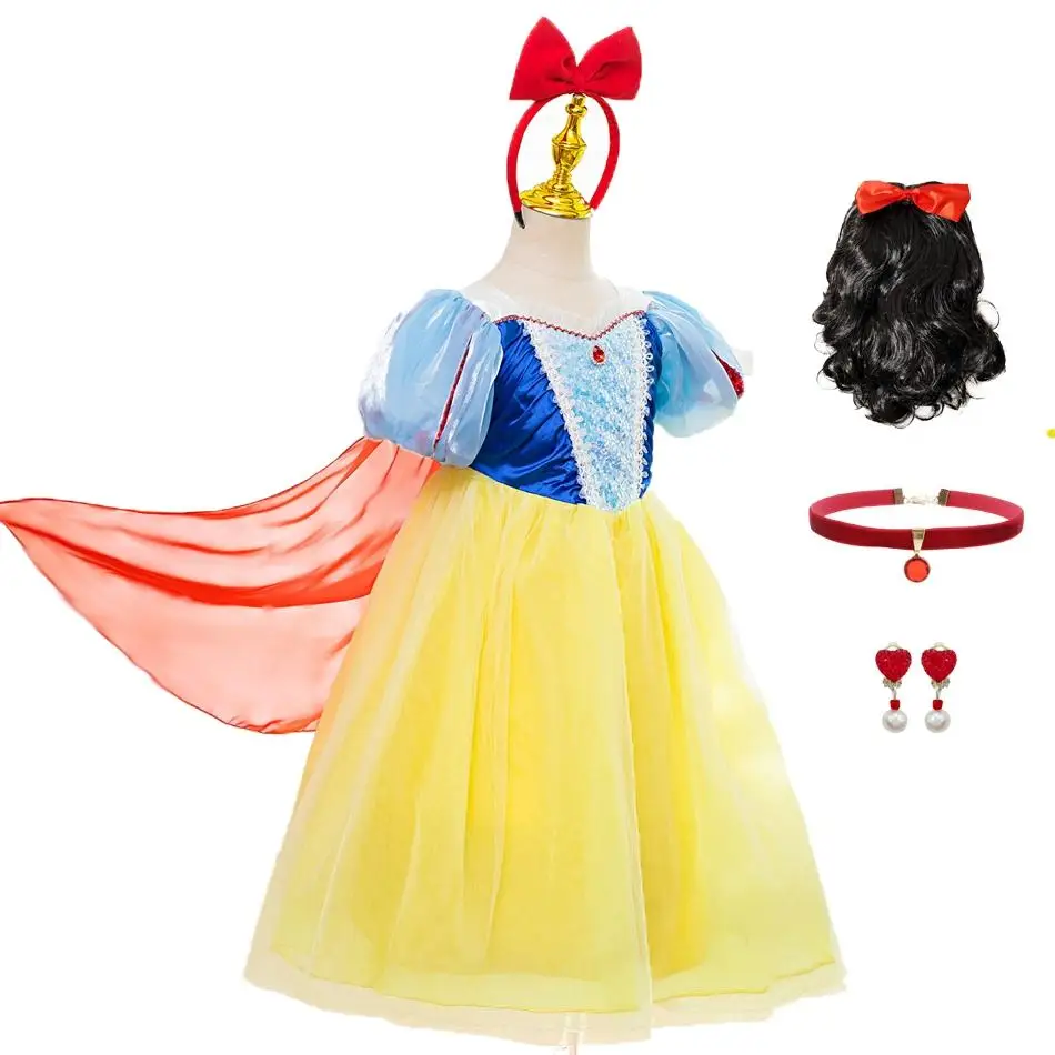 

Girls Snow White Costume Dress Sparkling Princess Dress with Puffy Sleeves and Attached Cape for Halloween Cosplay Birthday Gift