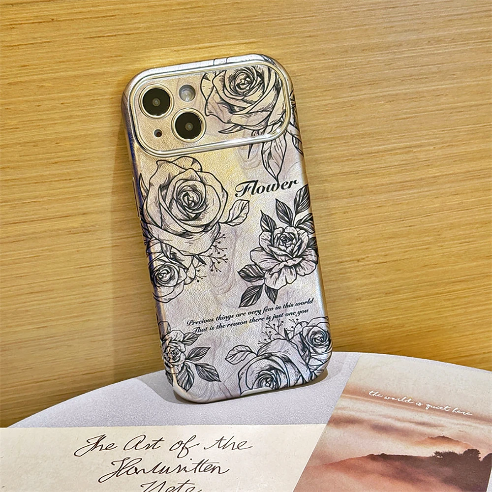 Sketch Rose Flowers Large Window Veneering Phone Case For iPhone 15 14 13 12 Pro Plus Max Simplicity Shockproof Protective Cover