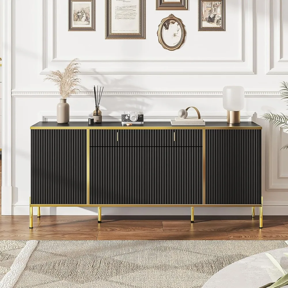 60” Modern Sideboard Buffet Cabinet, Fluted Storage Sideboard with Adjustable Shelves & Pop-Up Doors, Multifunctional