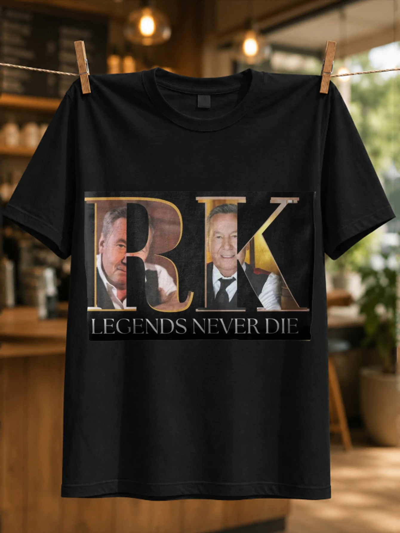RK Legends Never Die large gold initials with Roland Kaiser portrait collage and elegant tribute  Unisex All T-Shirt