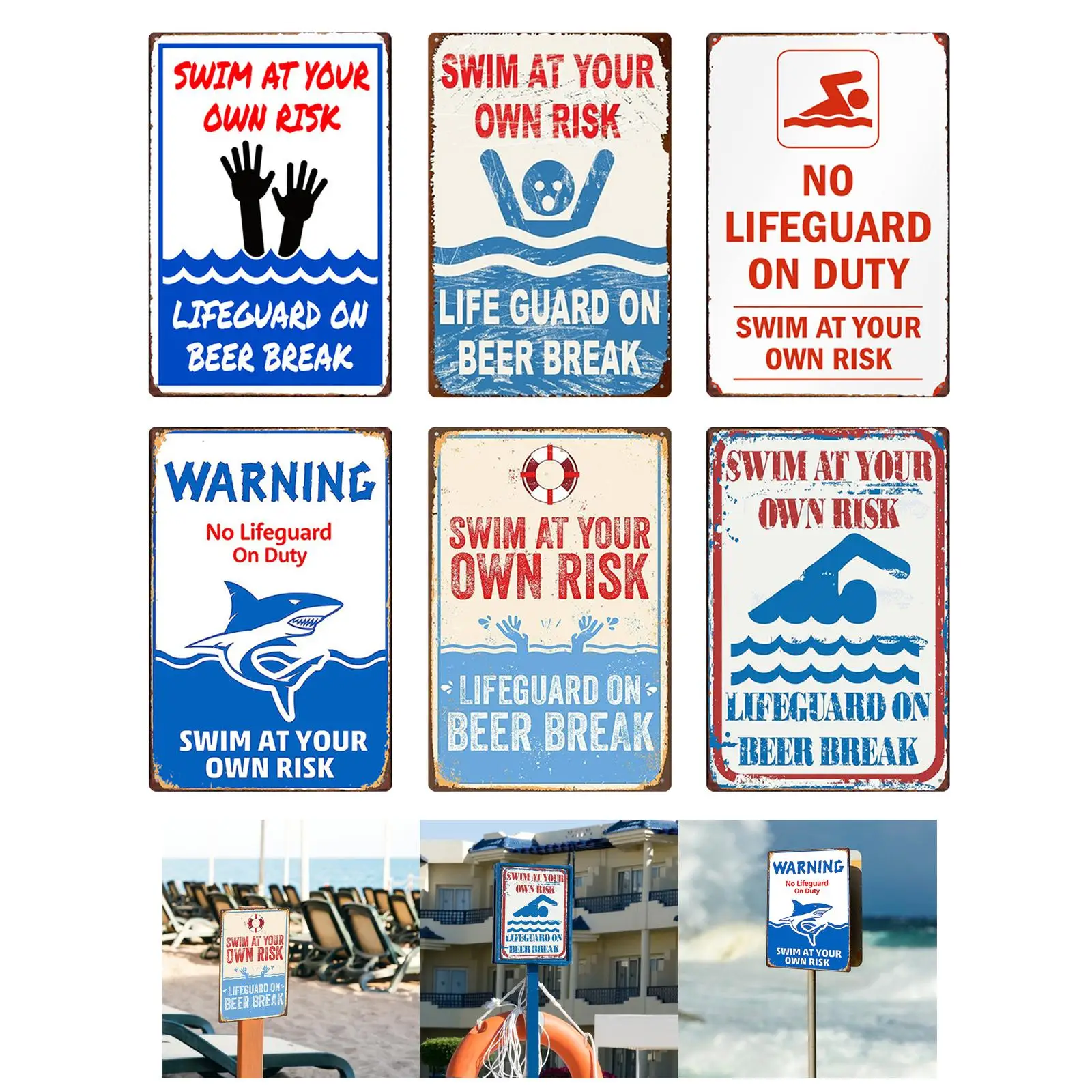 Swim at Your Own Risk Pool Sign Pool Decor Vintage Style Versatile Plaque Sign Tin Painting for Warning Swimming Pool Gardens