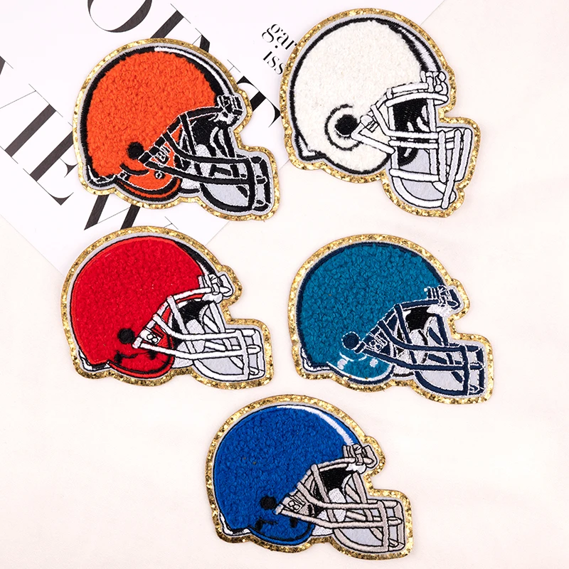 Chenille Baseball Helmet Patches Iron on For Clothing Embroidered Self-adhesive Patch DIY Textile Sticker Applique Sewing Badges