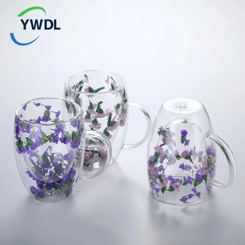 

YWDL Double Wall Glass Coffee Mugs Double Insulated Glass Cup For Girl Gift Christmas Present 350ml Flower Design