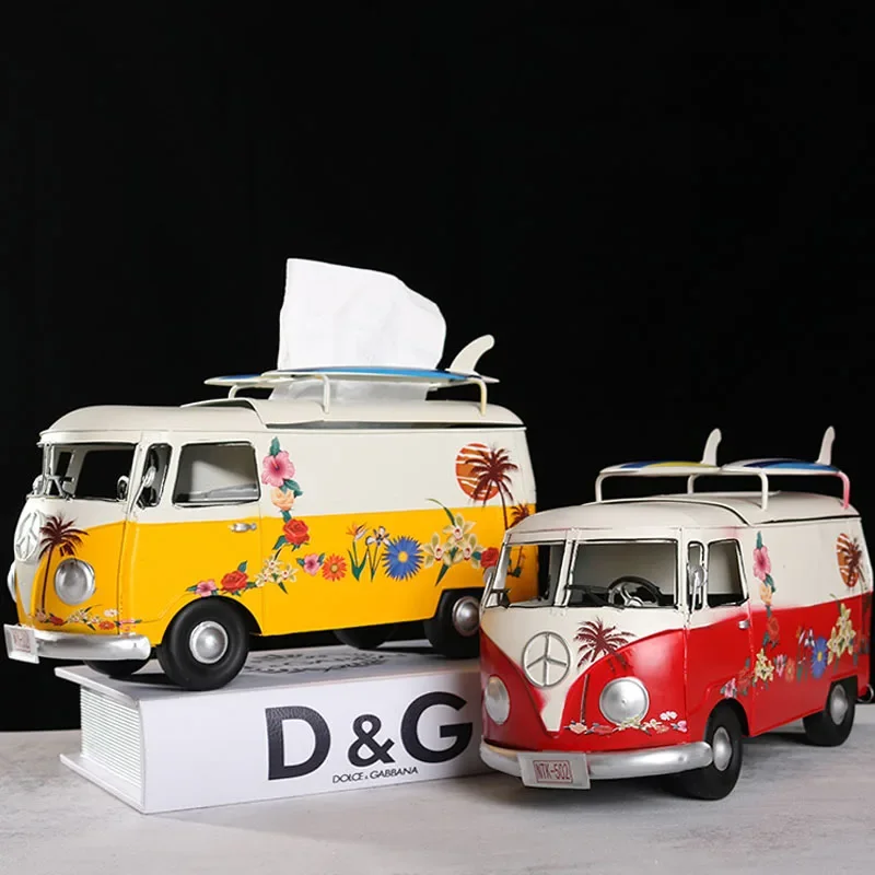 

Home Supplies Decoration Paper Holder Nostalgic Retro Wrought Iron Bus Tissue Boxes Ornament Miniature Model Crafts