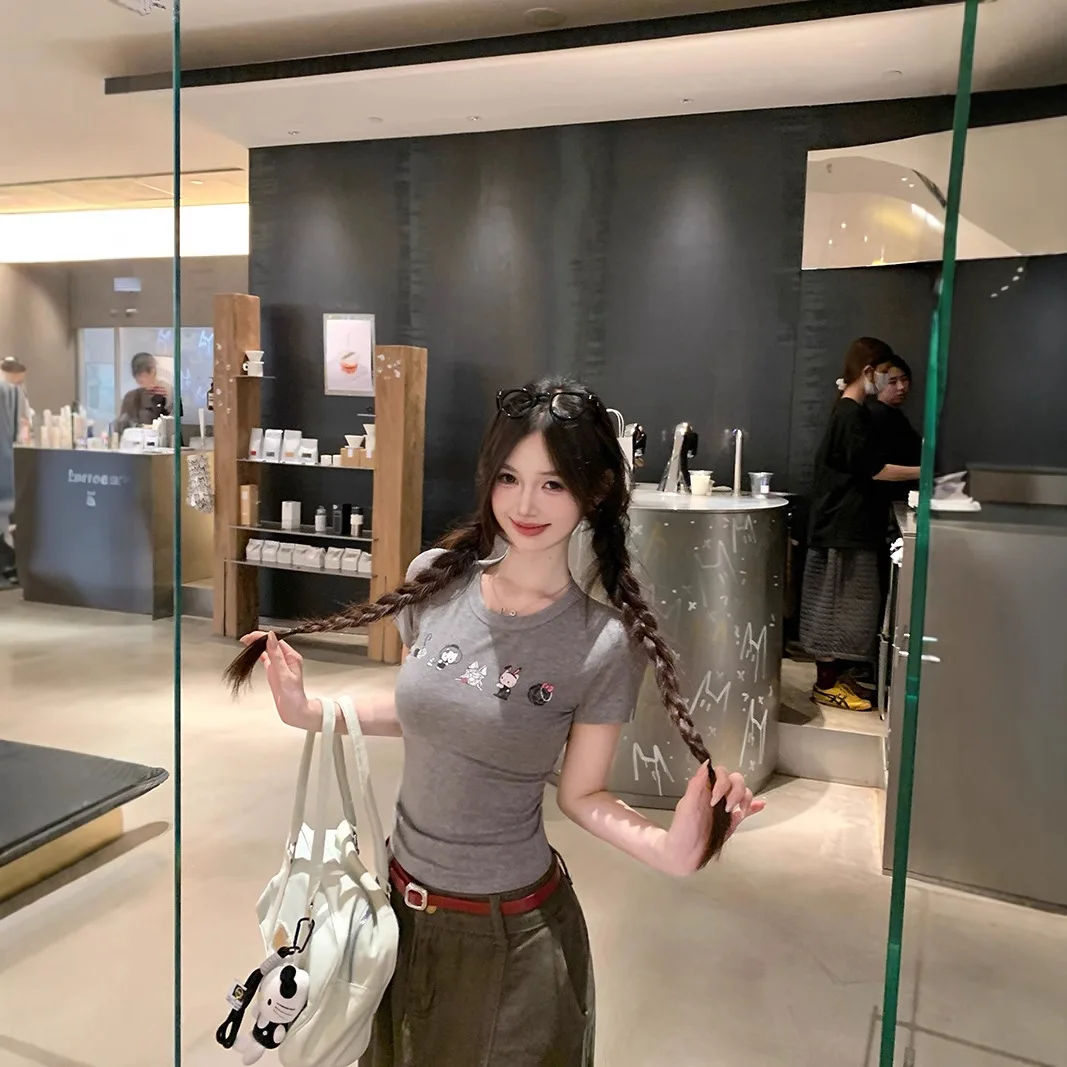 جيني رمادي السجق الكلب طباعة جولة الرقبة قصيرة الأكمام تي شيرت المرأة الصيف أعلى مريحة عارضة نمط نسيج مرن