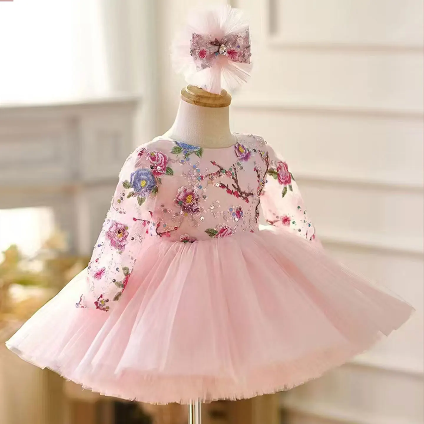 Dreamy Vow Lovely Pink Girl Dress Long Sleeve Embroidered Tulle Kids Celebration Party Spring Summer Knee Length Ball Gown J054