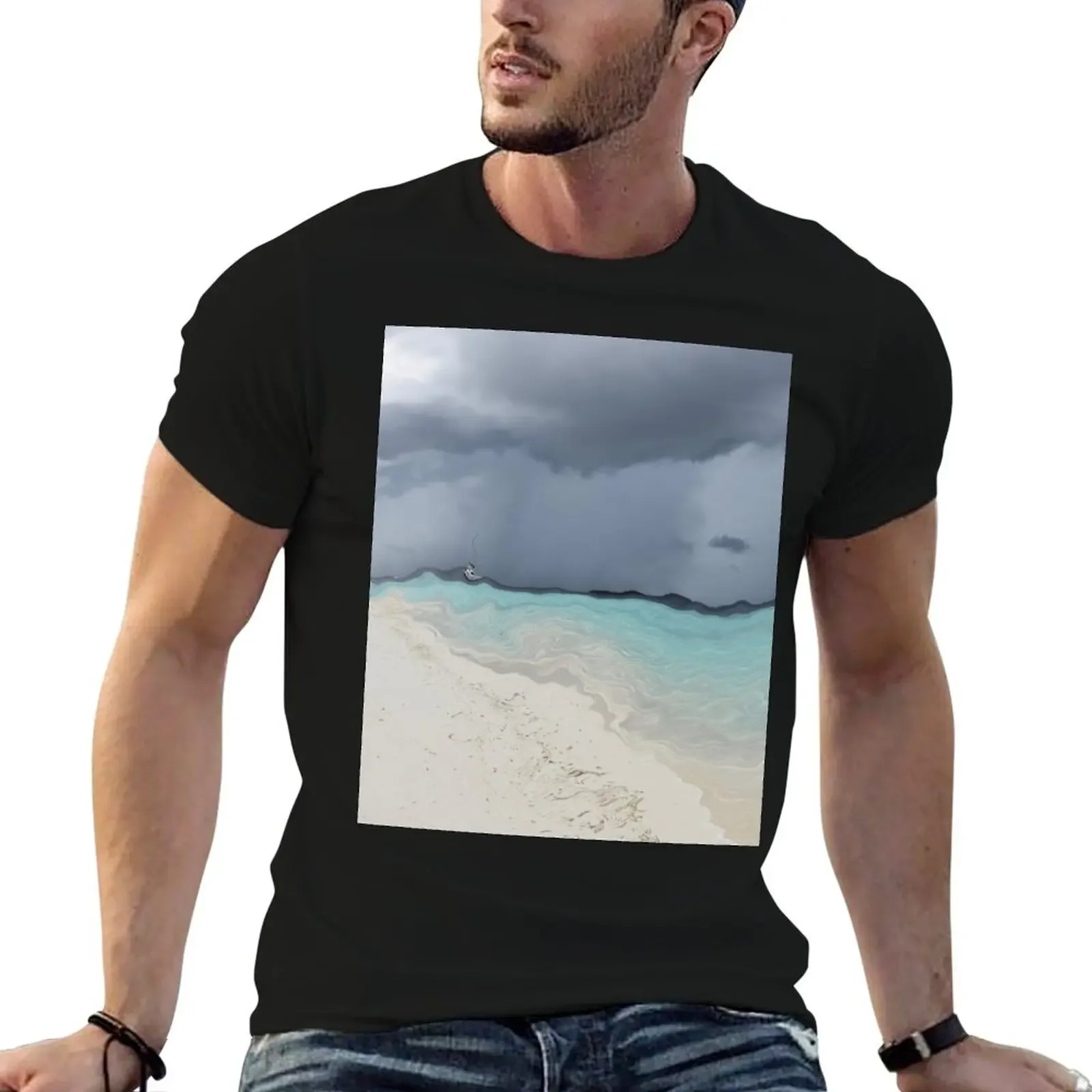 Grey stormy weather, sandy beach and blue sea - abstract T-Shirt summer tops graphic t shirts men graphic t shirts