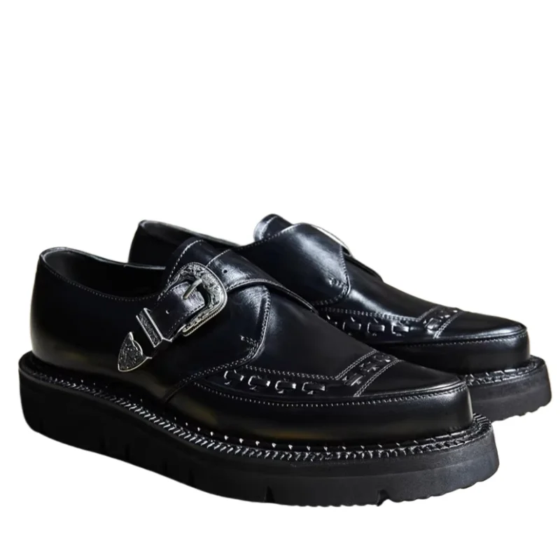 Pointed Toer Derby Shoes for Men's Thick Soled Western Monk Shoes German Calf Leather Woven Upper and Handmade Casual Shoes Male