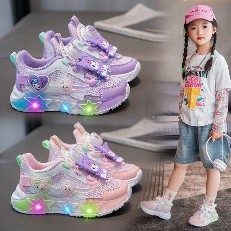 Kawaii Kuromi Shoes Sanrios Girls New Casual Sneakers Light Up Melody Tennis Cartoon Cute Princess Children Running Light Shoes