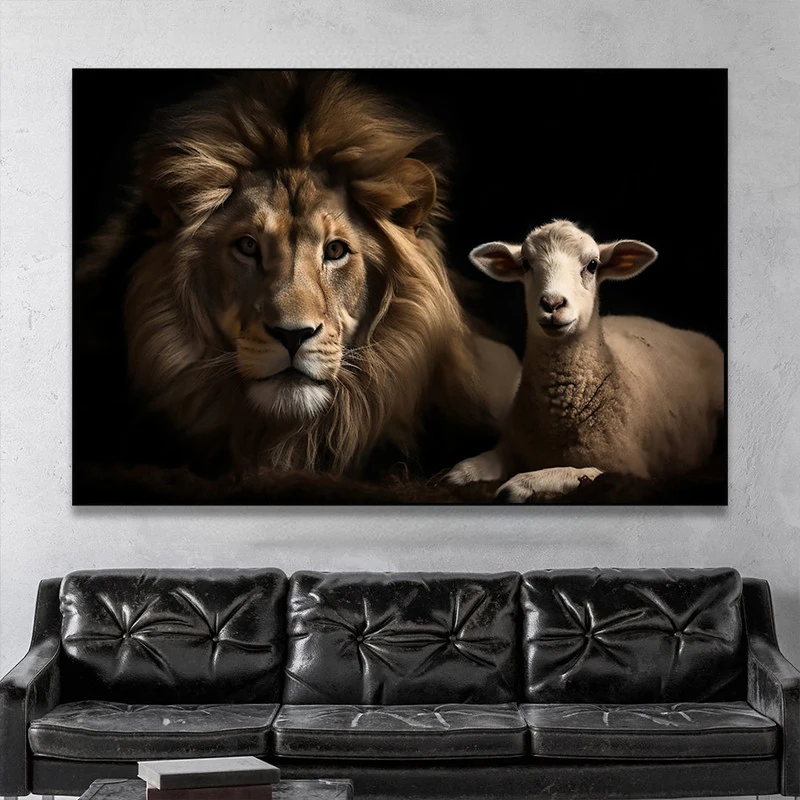 Vintage Lion and Lamb Stand Together Canvas Painting Wall Art Christian Jesus Posters and Prints for Porch Liiving Room Decor