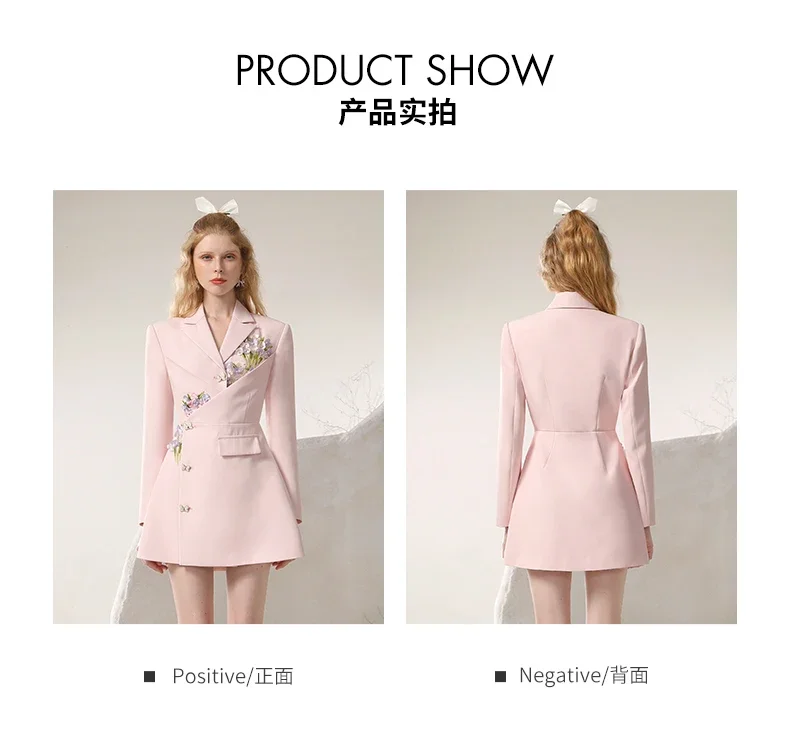 Socialite Business Temperament Suit Dress Autumn New 3D Flowers Special-Interest Commuting Irregular Sweet Pink Dress for Women