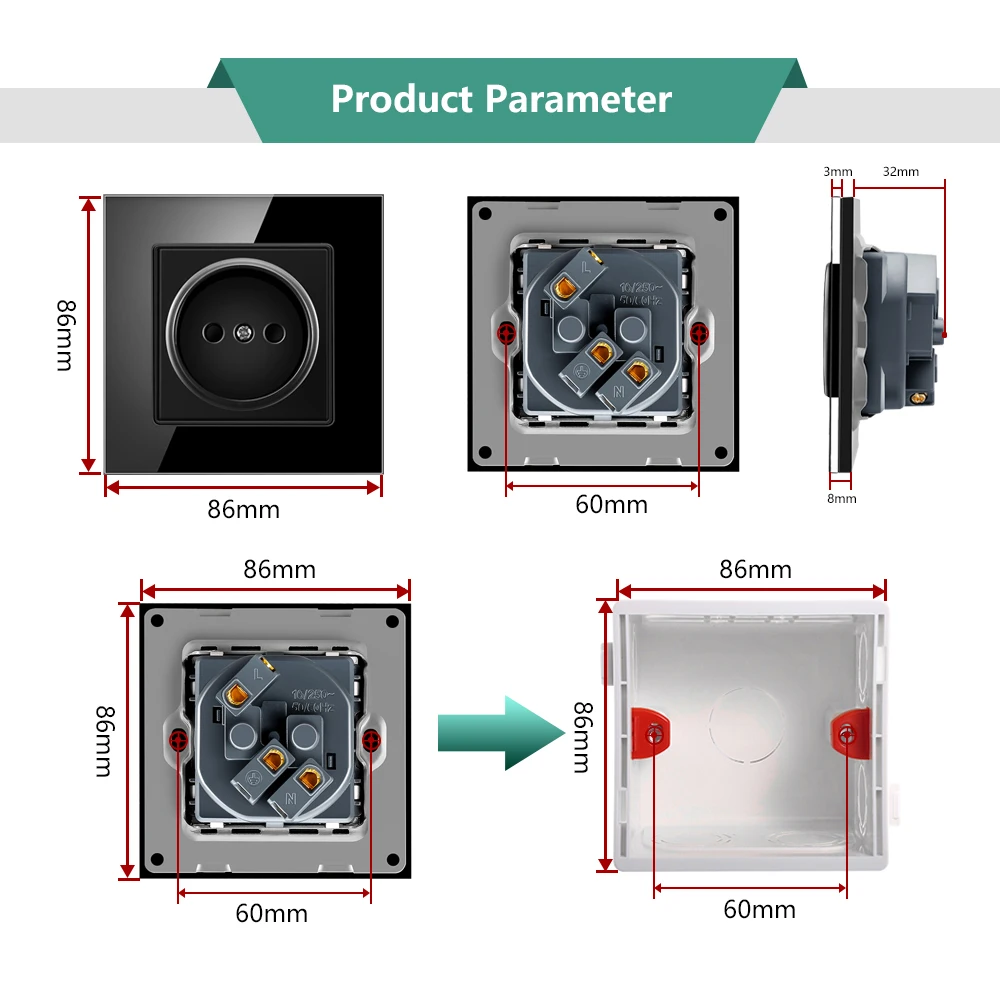 

China Wall Socket EU Russia Charging 5V 2A Electric Socket Tempered Crystal Glass Panel 16A Electrical Outlet Home Improvement
