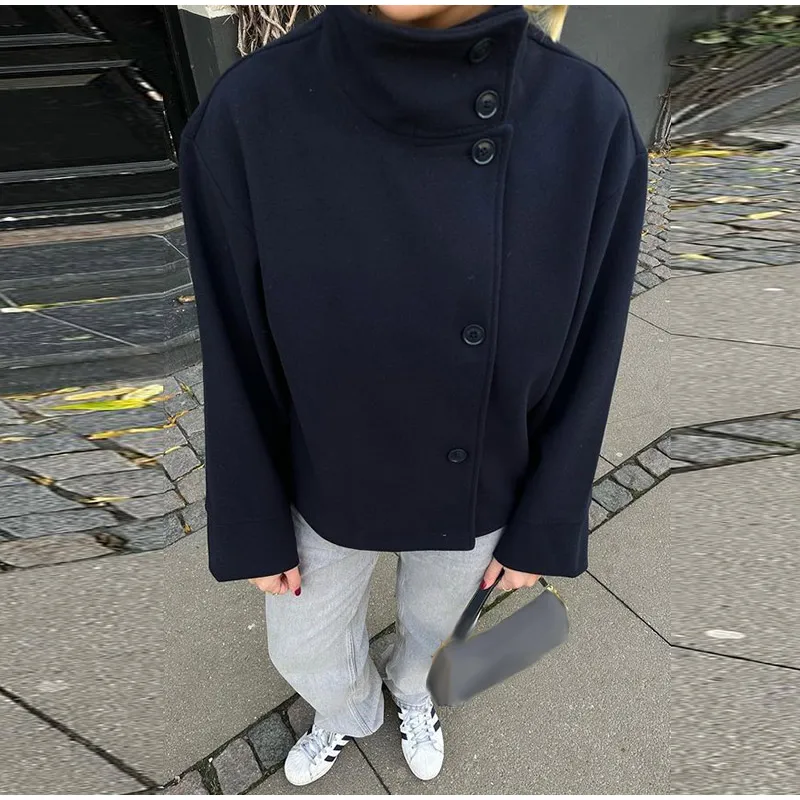 Vintage Stand Collar Short Jacket For Women Long Sleeve Single Breasted Coat 2025 Autumn Chic Fashion Lady Streetwear Outerwears