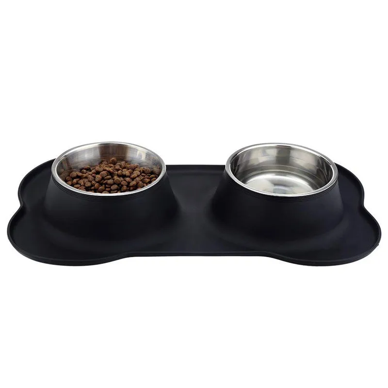 Antislip Double Dog Bowl With Silicone Mat Durable Stainless Steel Water Food Feeder Pet Feeding Drinking Bowls for Dogs Cats