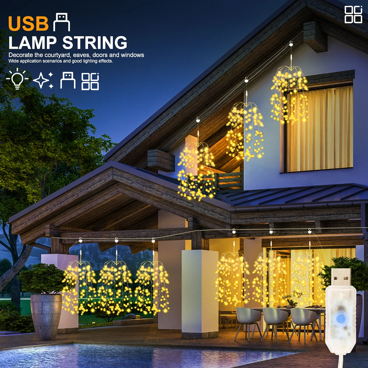 USB LED أضواء الألعاب النارية المعلقة حديقة في الهواء الطلق أضواء الجنية مقاوم للماء لحفلة الحديقة فناء شجرة زينة عيد الميلاد