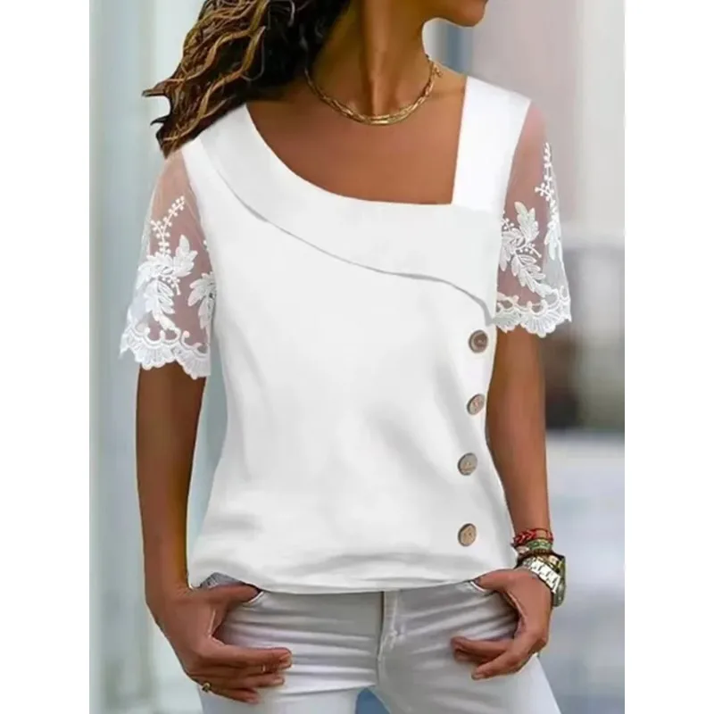 

Women Summer Lace Patch Blouse European & American Fashion Asymmetrical Neck Buttoned Design Women's Short Sleeve Casual T-Shirt