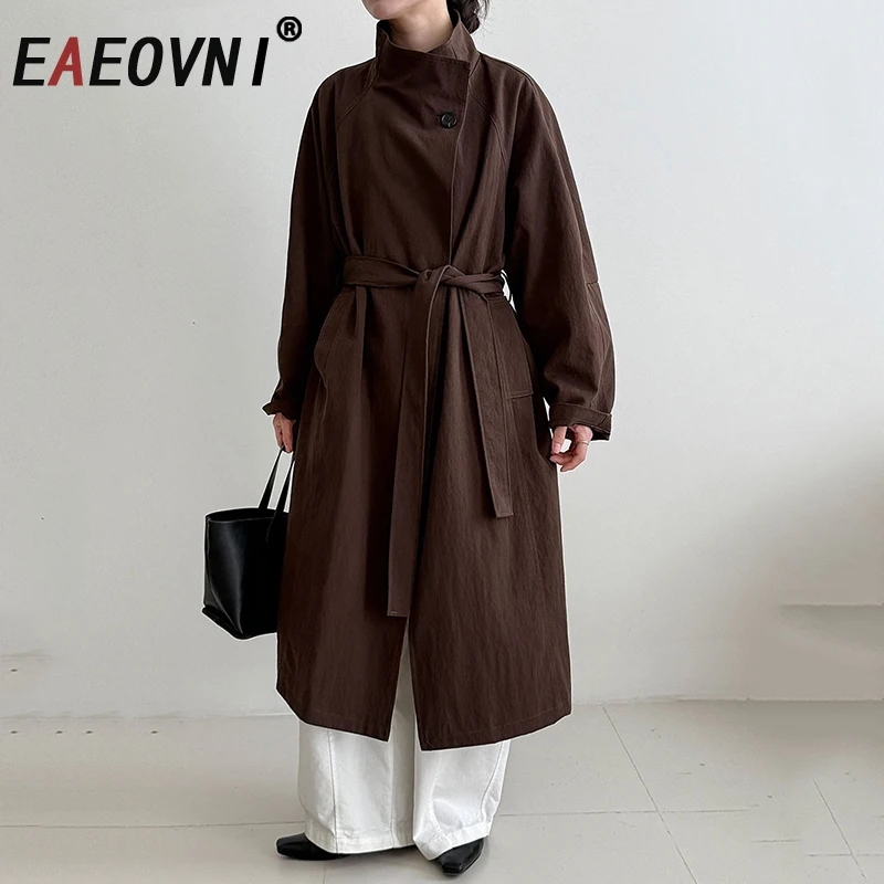 

EAEOVNI модный женский плащ, однотонный, свободный, с воротником-стойкой, поясом, со сборкой на талии, свободная ветровка, новинка осени 2023 г.