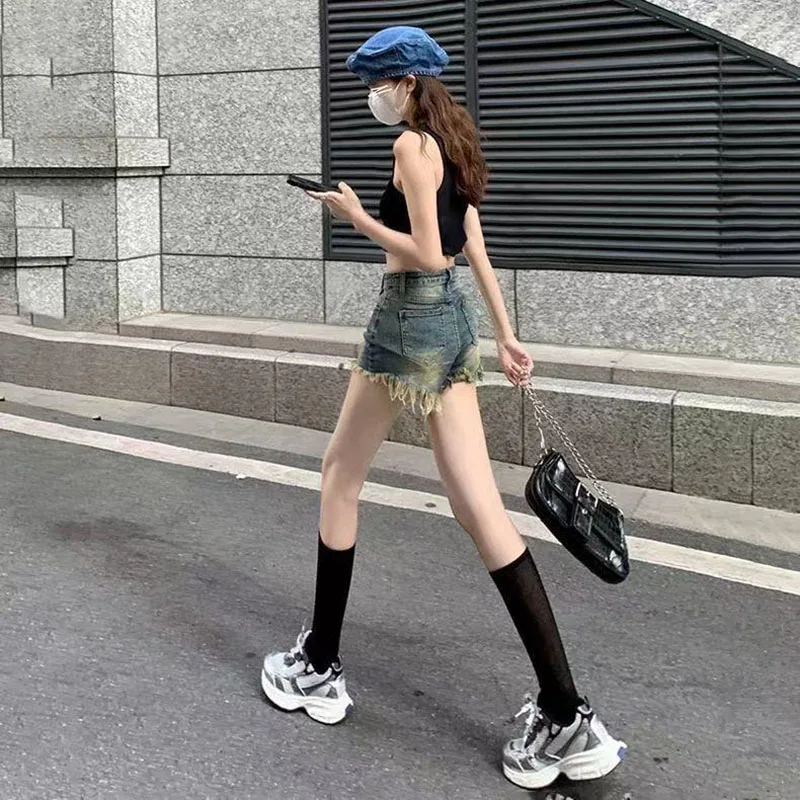 Summer Denim Shorts Women's Summer Retro Old Hip High Waist Tight Hot Pants Women's Fashion Shorts Raw Edge