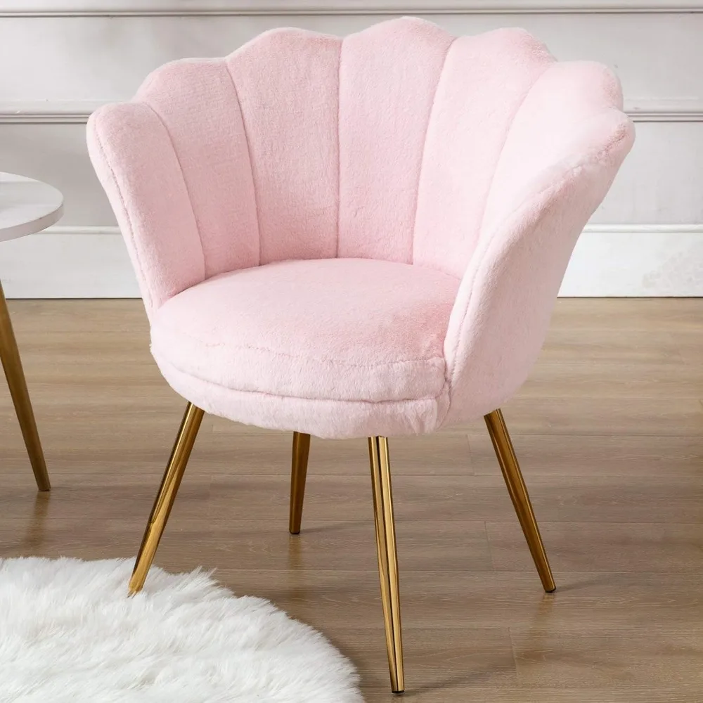 Plush Faux Fur Upholstered Living Room Chair, Comfy Accent Seashell Chair Light Pink Barrel Vanity Chair with Gold Legs