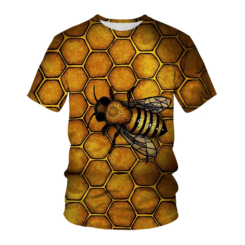 Men Vintage Bee Honeycomb 3D Print T‑Shirt Retro Newspaper Text Graphic Short Sleeve O‑Neck Casual Streetwear Summer Tees