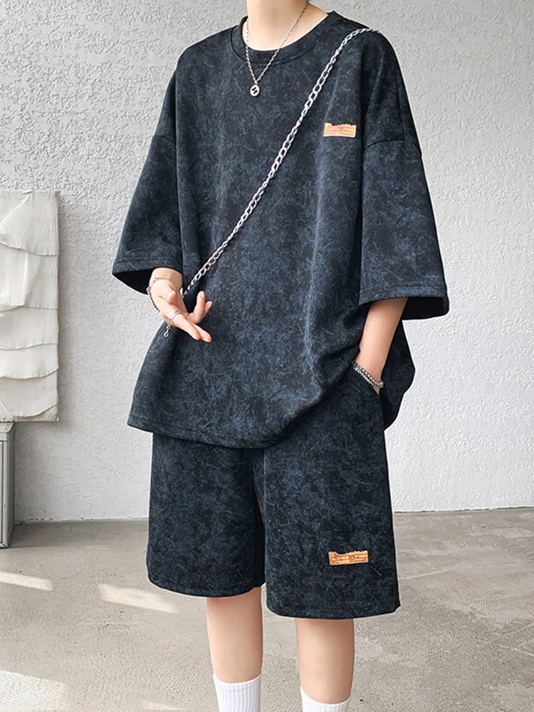 

Летний повседневный спортивный костюм с эффектом тай-дай для мужчин: свободные футболка и шорты из полиэстера больших размеров