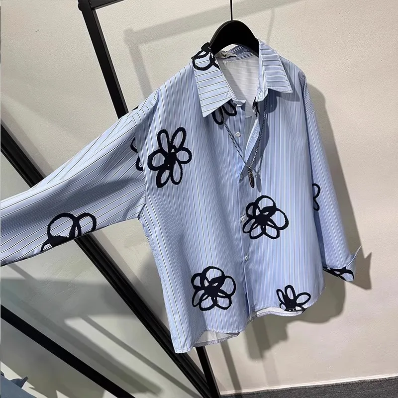 

Blue Vertical Striped Asymmetric Floral Print Loose Design irt ex Youth Faion Breathable Long Sve Collar