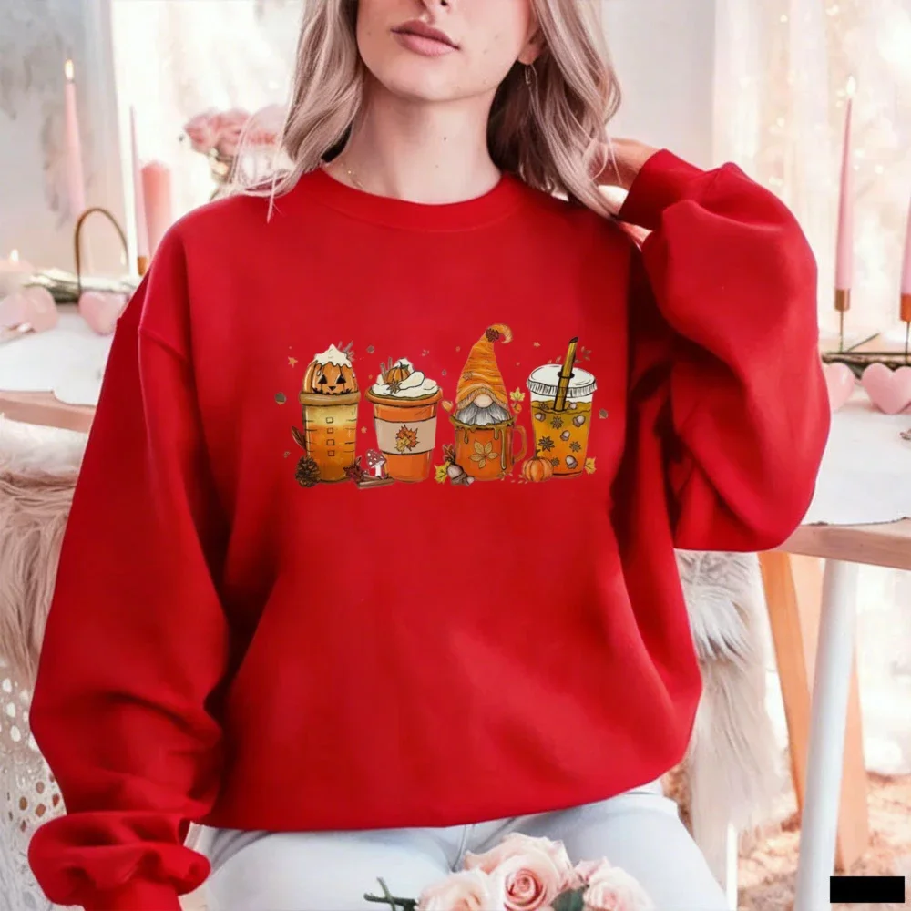 Aesthetic Cozy Pink Gnome Coffee Sweatshirt Hoody Fall Pumpkin Spice Latte Autumn Leaves Graphic Pullover Women Unisex Retro Top view 6