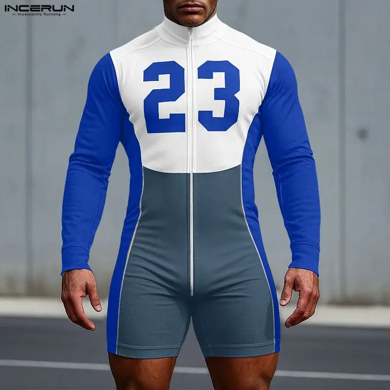 INCERUN الرجال داخلية الطباعة المرقعة اللون كتلة سستة طويلة الأكمام Playsuits الرجال السروال القصير الشارع الشهير تجريب ارتداءها غير رسمية