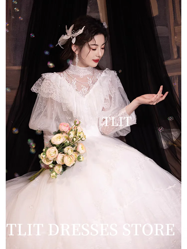 TLIT Luxurious Lace A-Line Tiered Wedding Dresses Customized Korea Wedding Dress Photoshoot Strapless O-Neck Bridal Gowns