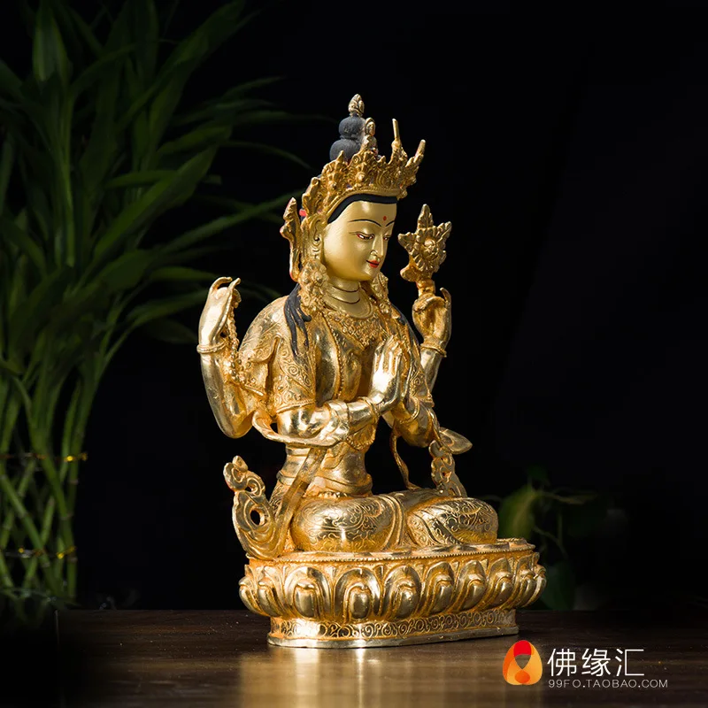 Bodhisattva , 10-inch, Domestic Copper, Fully Gilded, Four-Armed Guanyin Statue