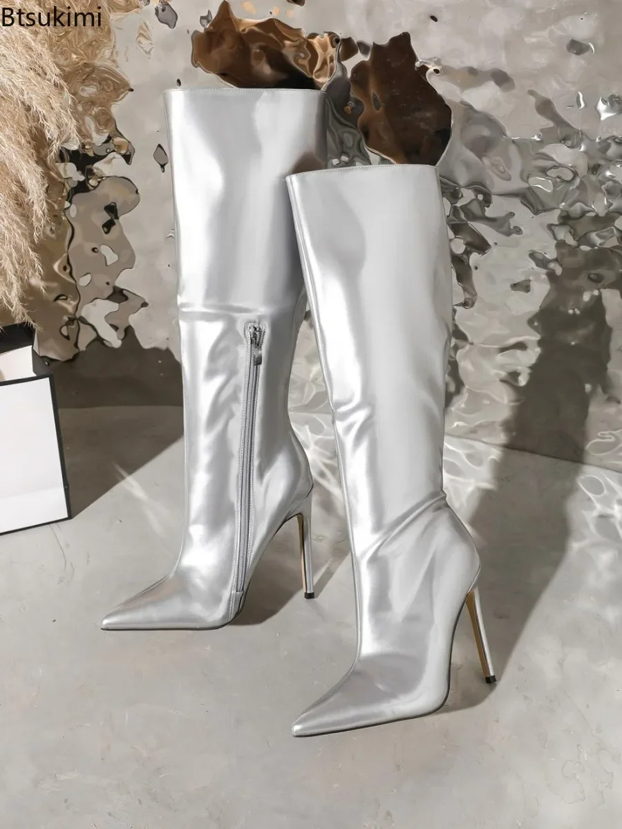 2024 Women\'s Sexy High Heel Boots Zipper Side Pointed Toe Knee High Boots Female Metallic Silver Elegant Club Party Boots Shoes