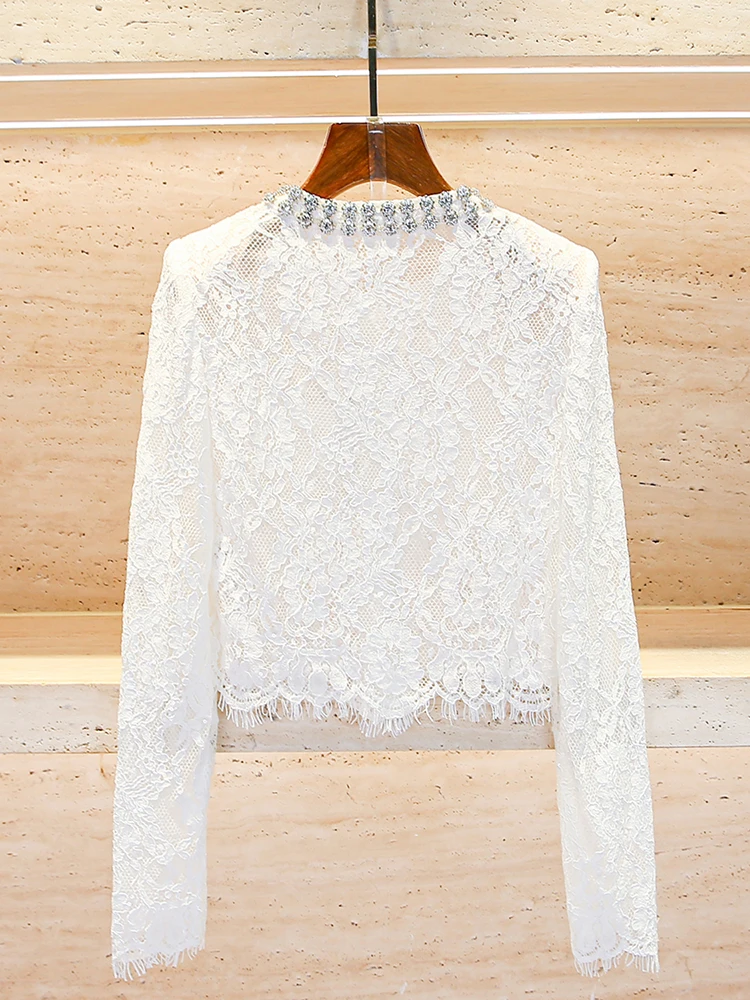 كارديجان نسائي فاخر مزين بالدانتيل والماس، مفتوح من الأمام، بتصميم عصري للربيع، مطرز بكثافة، بأسلوب السيدات الثريات، سترة قصيرة #2