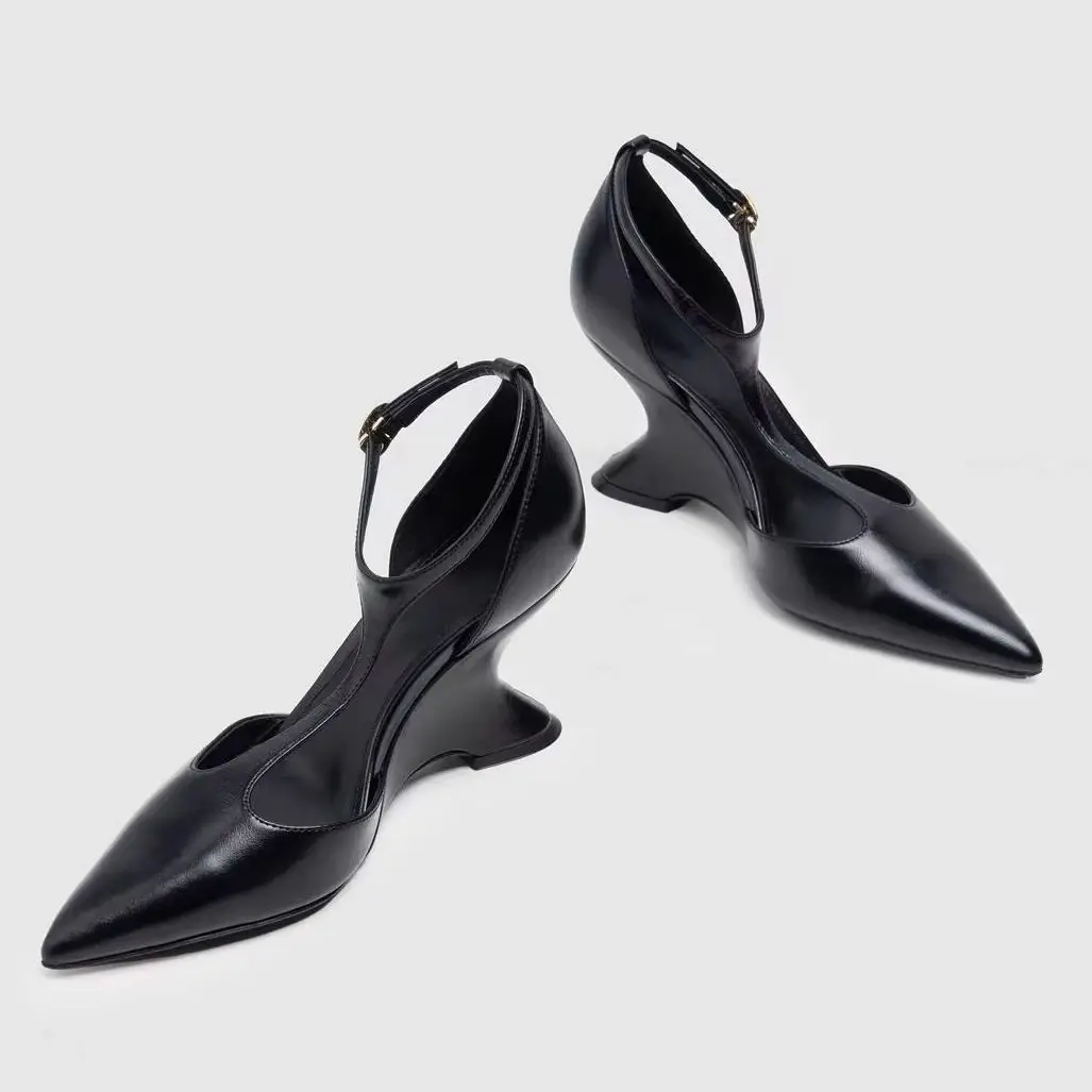

Wedges Strange High Heels Black Leather Pointed Toe Women Sandals Buckle Strap Office Lady Single Shoes Female Mature Summer New