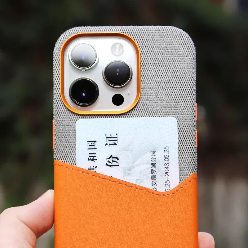 Card Holder For MagSafe Leather Phone Case For iPhone 12 13 14 15 16 Pro Max Pocket Wireless Charging Alloy Lens Hit Color Cover - Image 5