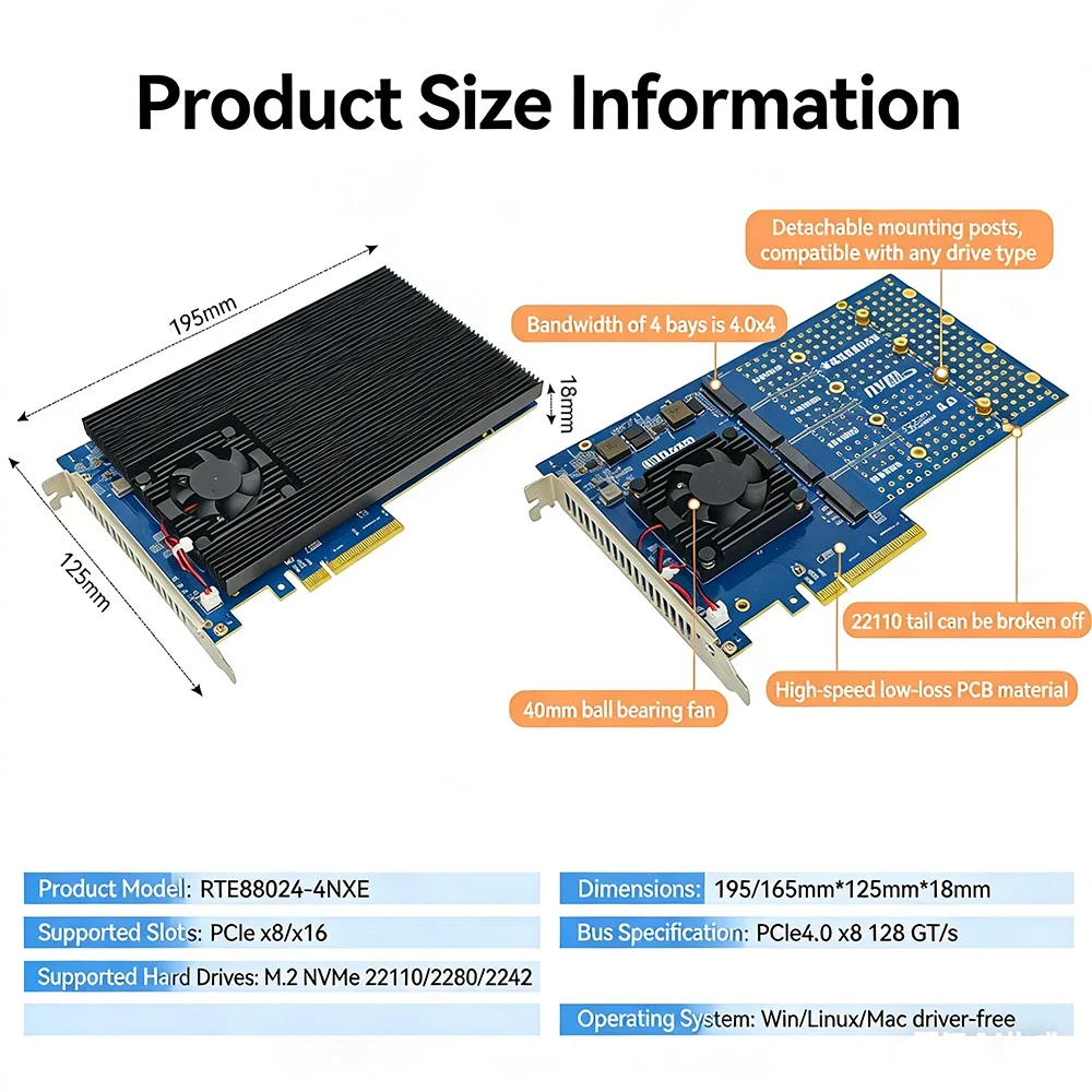 4 Bay PCIe 4.0 M.2 NVMe SSD Adapter Card PCIe X8 / X16 PEX88032 Expansion Card Support 22110 2280 2242 SSD Plug and Play`