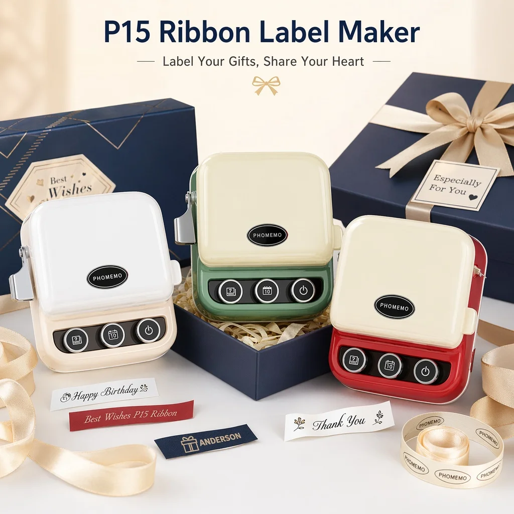 Phomemo Label Maker Machine with Ribbon, P15 Bluetooth Label Printer, Wireless Mini Label Makers with Multiple Templates