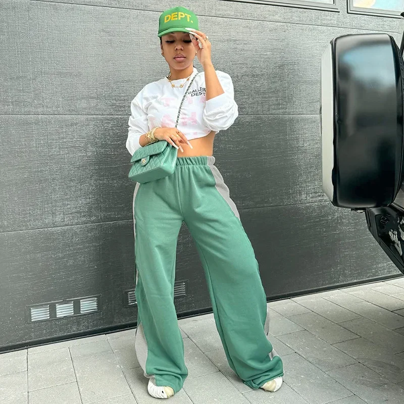 Patchwork Casual Fleece Sports Trousers Women Hipster High Waisted Wide Leg Pants Fall Winter 2024 Harajuku Streetwear