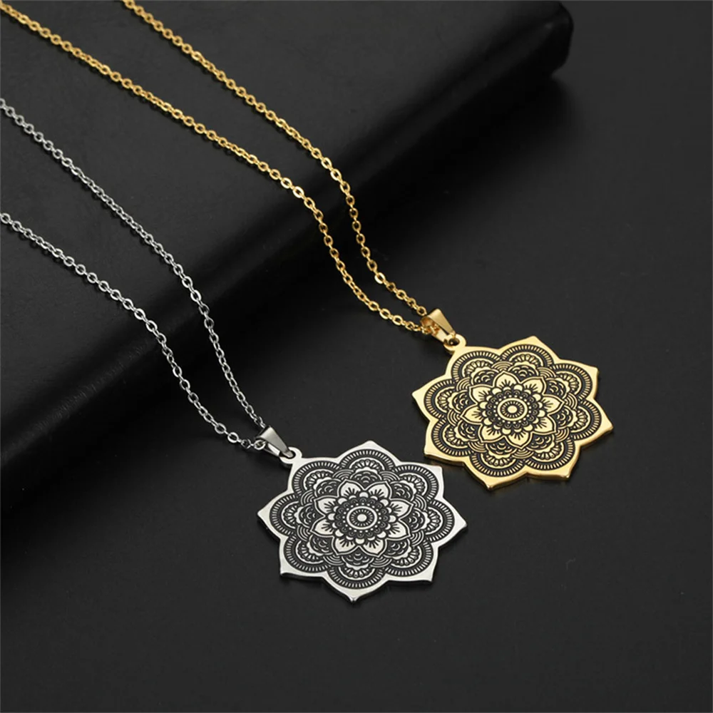 EUEAVAN Vintage Mandala Lotus Flower Pendant Necklaces Elegent Yoga Buddhism Necklace Wicca Sacred Geometry Fashion Jewelry Gift