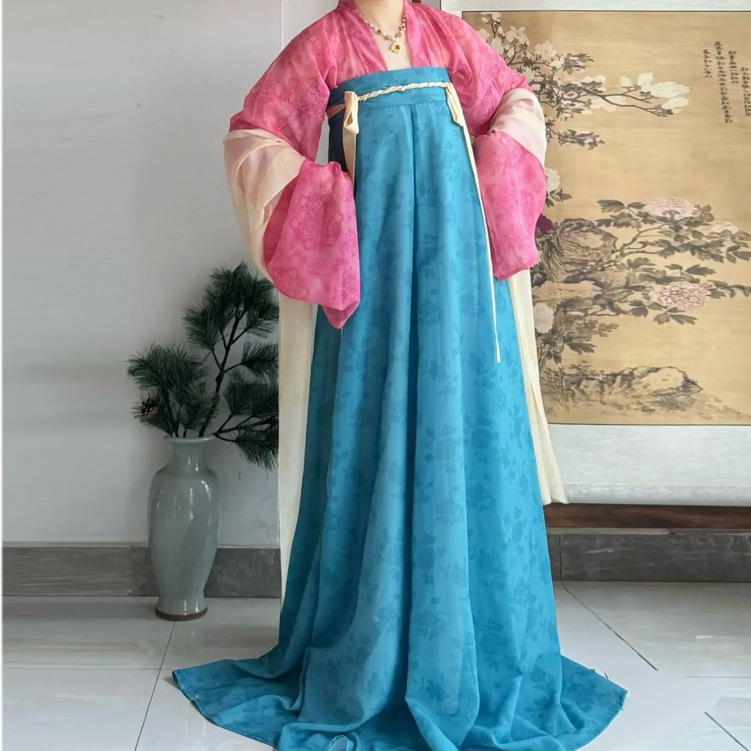 

Оригинальный комплект Hanfu династии Тан-женская цельная юбка с высокой талией, традиционная китайская одежда с цветочным принтом, косплей для женщин