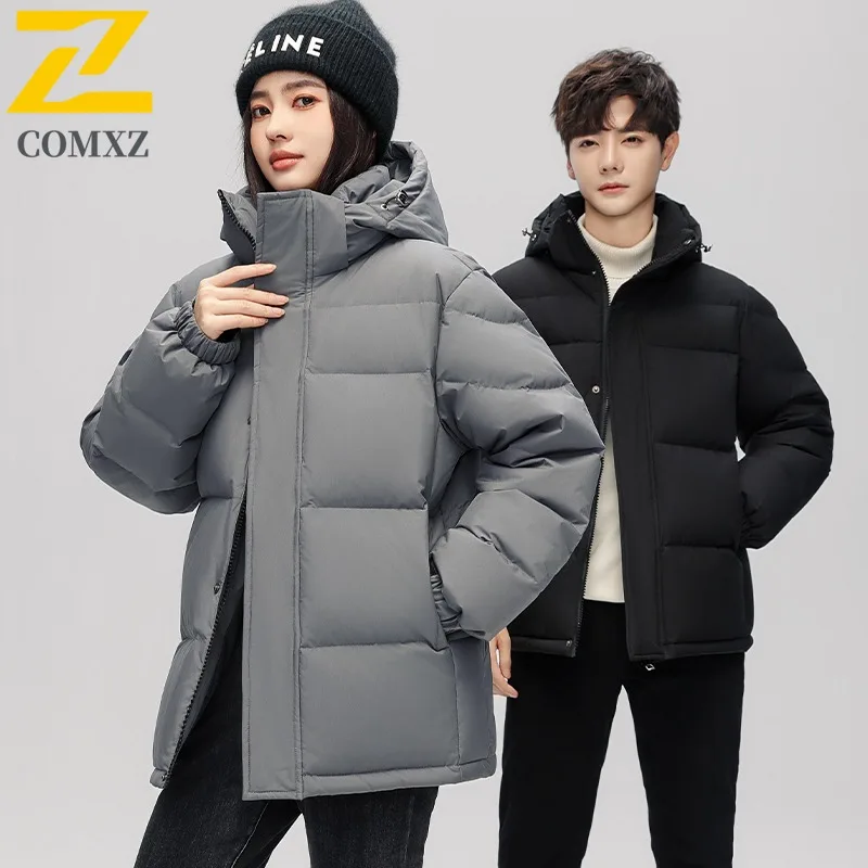 COMXZ 2025 Winter Couple Short School Style Down Jacket Men's Loose Fit Plus Size Trendy White Duck Feather Warm Parka Coat