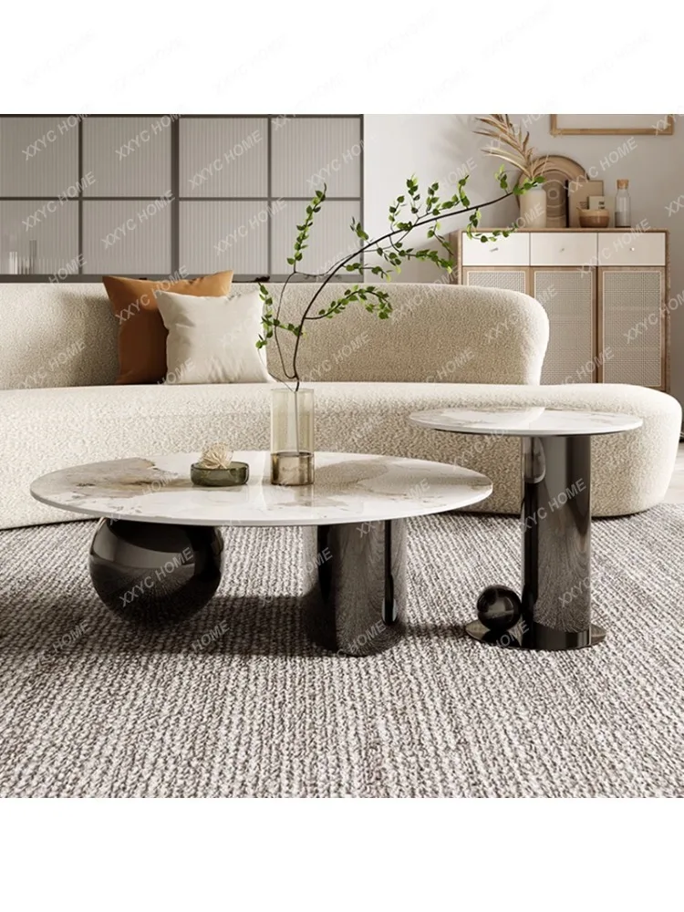 Light Luxury Stone Plate Coffee Table Large and Small Apartment Type round Tea Table Combination Simple Bright Stone Plate