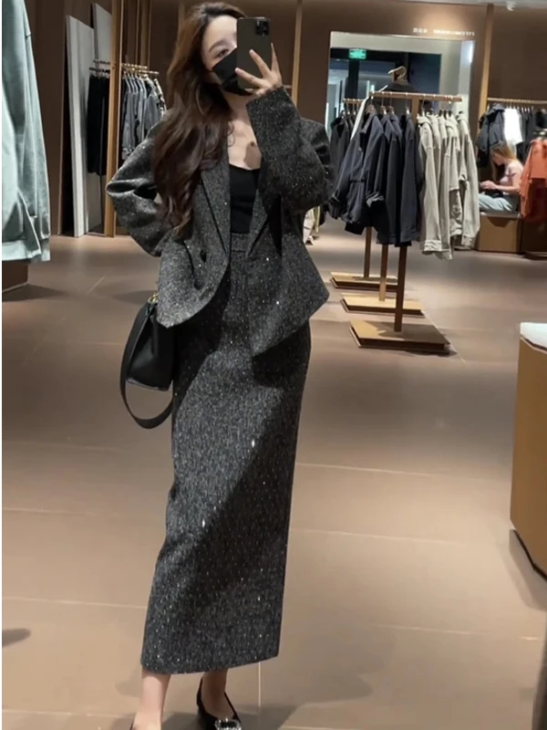 

Модный женский костюм с бриллиантовой отделкой и юбкой, осенне-зимний комплект из двух предметов, элегантный наряд в стиле Little Fragrance.