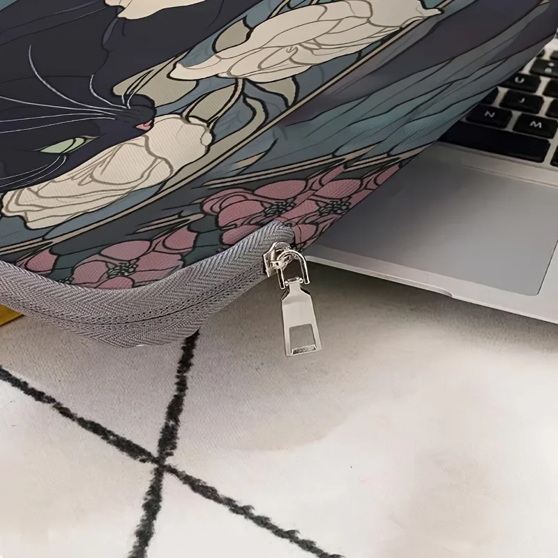 قطعة واحدة، نمطين، حقيبة كمبيوتر محمول مطبوعة بنمط قطة سوداء كاميليا، غطاء قماشي ناعم للكمبيوتر المحمول مناسب لأجهزة الكمبيوتر المحمولة مقاس 14 بوصة