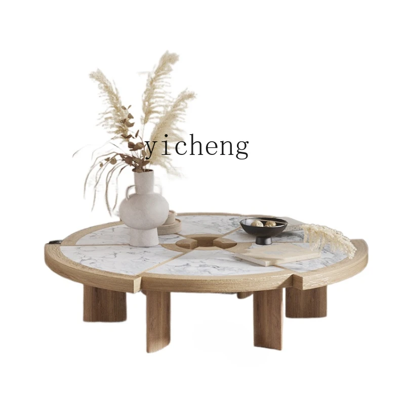 

ZC Nordic Marble Solid Wood Coffee Table Artistic Living Room Stone Plate round Coffee Table Log Small Apartment Tea Table