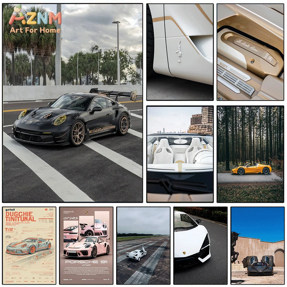 AZNM Lienzo Decorativo de Lujo con Diseño de Superauto, Porsche 911 GT3 RS, Bugatti, Plano en Rosa, Paisaje Urbano con Palmeras, Impresión HD con Marco