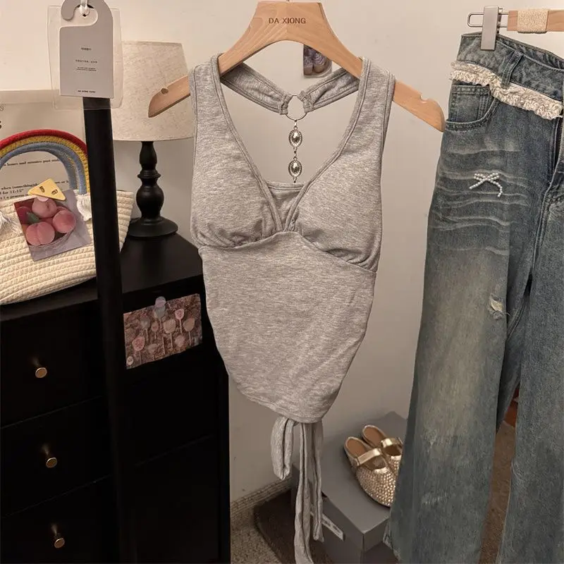 

Summer Women Tank Top Slim Fit Halter Neck Sleeveless Crop Top Backless Bow Tie Design Sexy Streetwear Y2K Style Gray Camisole