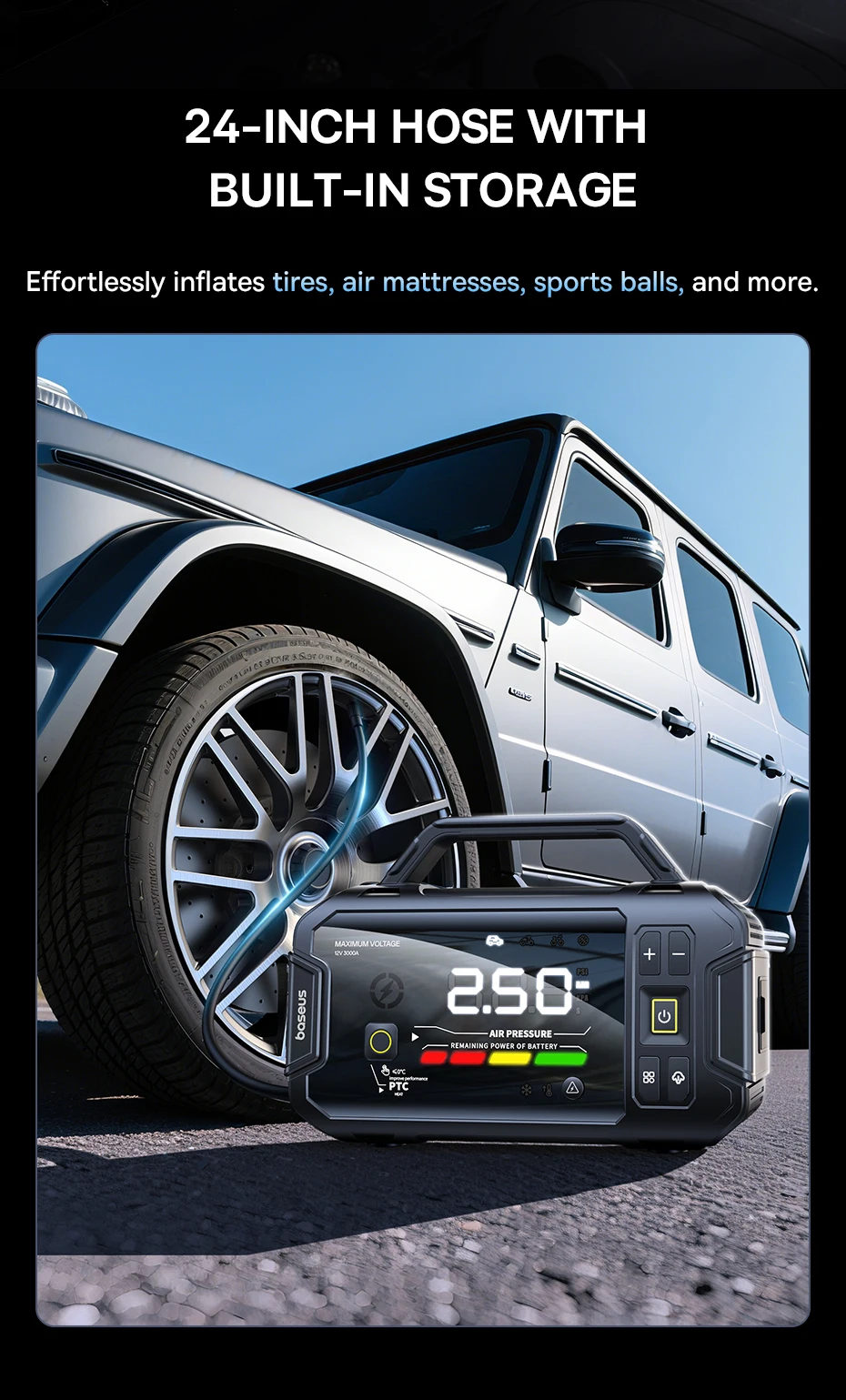 Baseus VJ1 3000A Starthilfe 4-in-1 150PSI Luftkompressor Powerbank 21600mAh Auto-Batterie Notfall-Booster Tragbares Startgerät – Detail 4